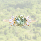 1.60ct Round Green Untreated Montana Sapphire and Lab Grown Marquise Diamond Cluster Ring in 14k Yellow Gold