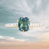 1.18ct Glowy Teal Radiant Cut Madagascar Sapphire Lotus Six Prong Solitaire with Diamonds in 14k Yellow Gold