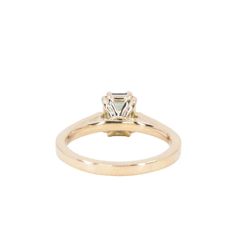 1.33ct Emerald Cut Light Aqua Blue Green Sapphire and Diamond Vintage Cathedral Double Prong Ring in 14k Yellow Gold