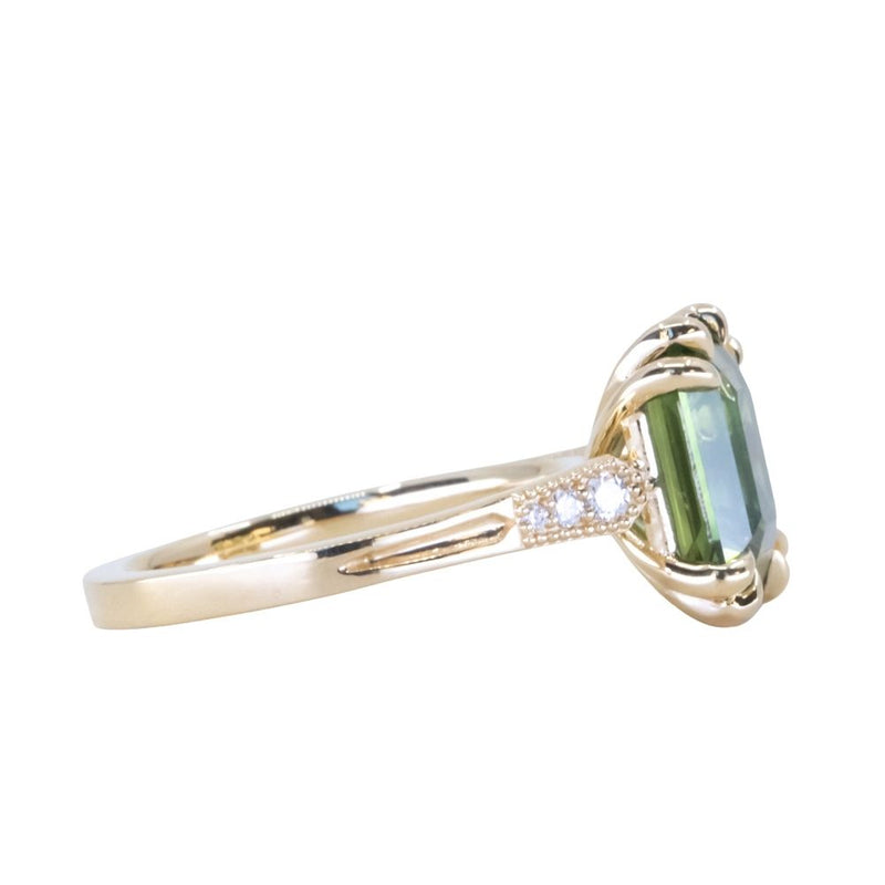 2.30ct Oval Green Madagascar Sapphire and Diamond Vintage Cathedral Four Prong Ring in 14k Yellow Gold