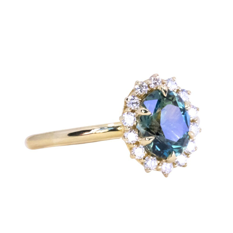 1.70ct Oval Parti Untreated Nigerian Sapphire Antique-Style Diamond Halo Ring in 18k Yellow Gold