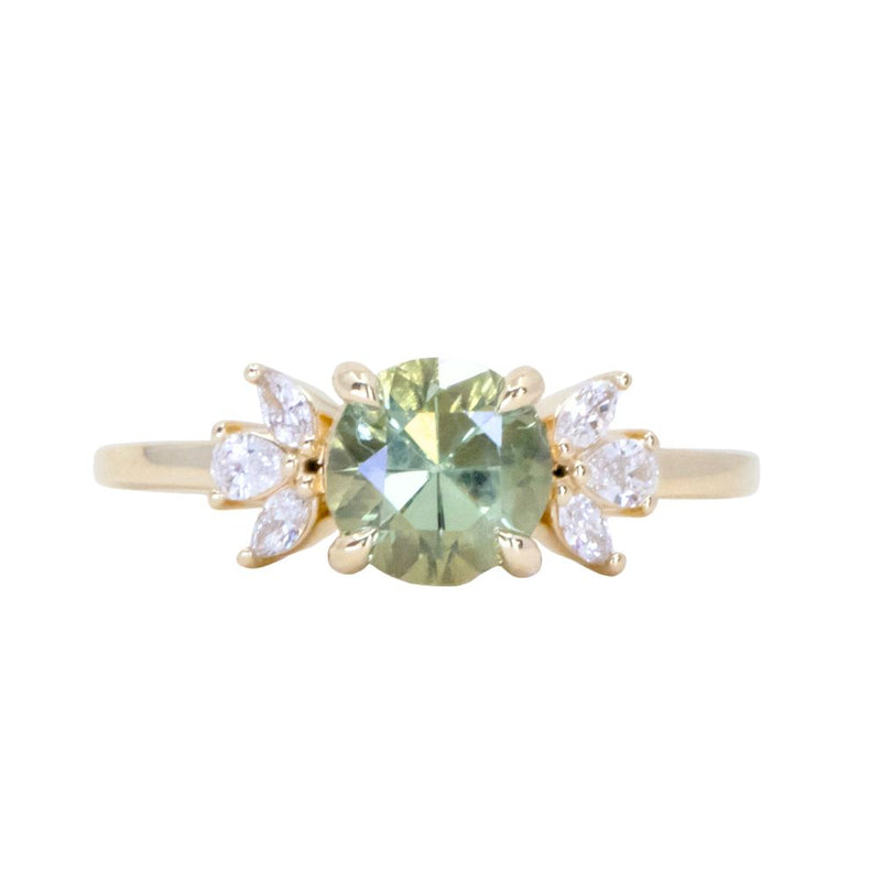 1.60ct Round Green Untreated Montana Sapphire and Lab Grown Marquise Diamond Cluster Ring in 14k Yellow Gold