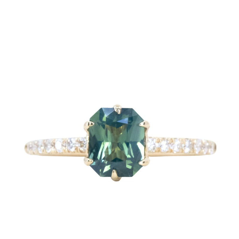 1.18ct Glowy Teal Radiant Cut Madagascar Sapphire Lotus Six Prong Solitaire with Diamonds in 14k Yellow Gold