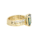 4.58ct Emerald Cut Teal Sapphire Triple Band with Diamonds and Evergreen Texture 4 Prong Low Profile Ring in 18k Yellow Gold