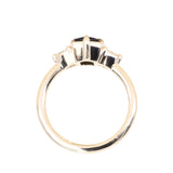 1.10ct Fantasy Cut Kenyan Sapphire and Diamond Milgrain Three Stone Low Profile Ring in 14k Yellow Gold