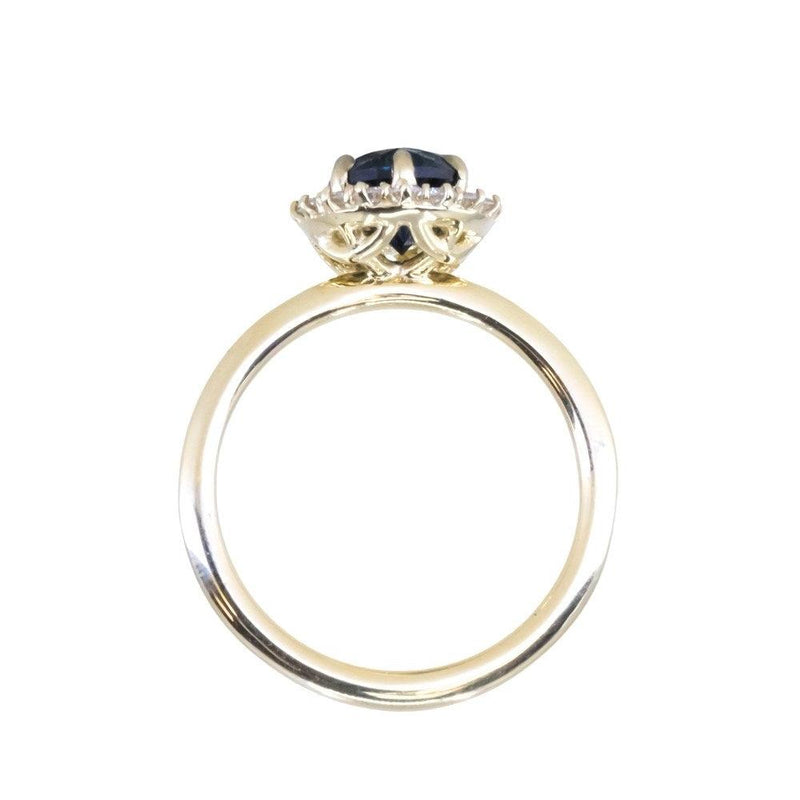 1.76ct Deep Teal Oval Untreated Nigerian Sapphire Antique-Style Diamond Halo Ring in 18k Yellow Gold