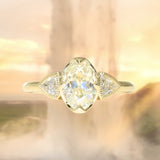 1.50ct Modern Old Mine Cut Oval Diamond Three Stone Ring with Trillion Side Diamonds Compass Set Low Profile Milgrain Antique Ring in 18K Yellow Gold