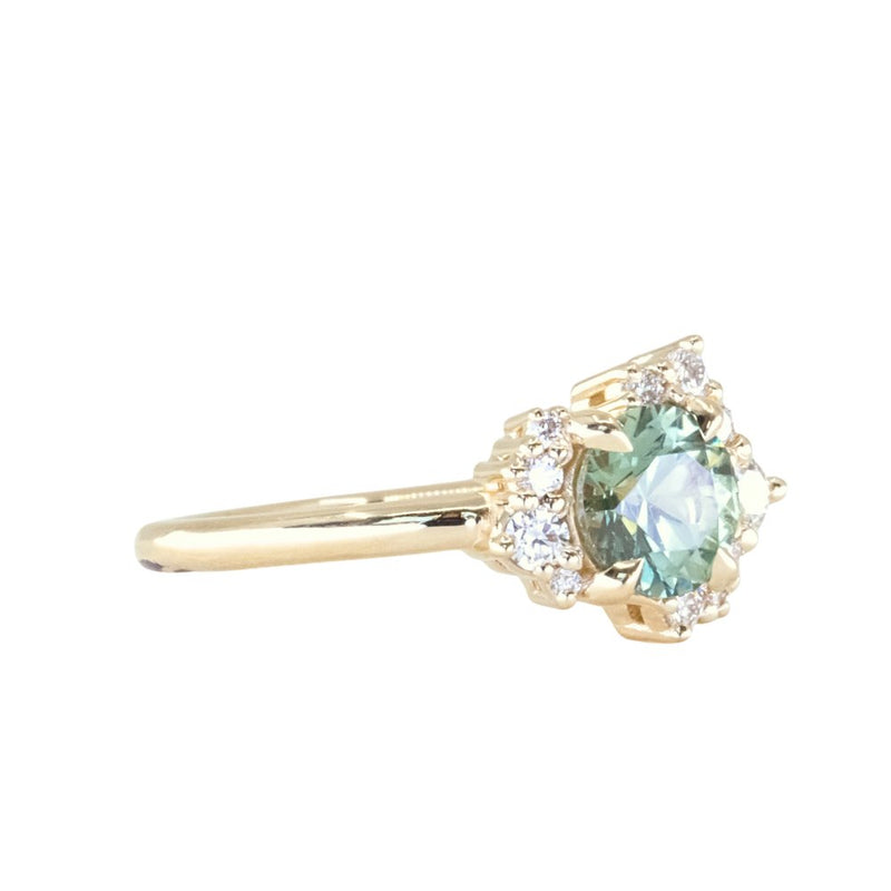 1.01ct Round Green Montana Sapphire and Diamond Asymmetrical Cluster Ring in 14k Yellow Gold