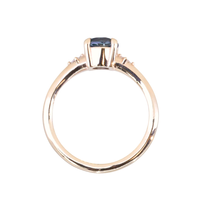 1.28ct Round Untreated Color Shifting Montana Sapphire and Princess Cut Diamond Rapids Low Profile Ring in 14k Yellow Gold