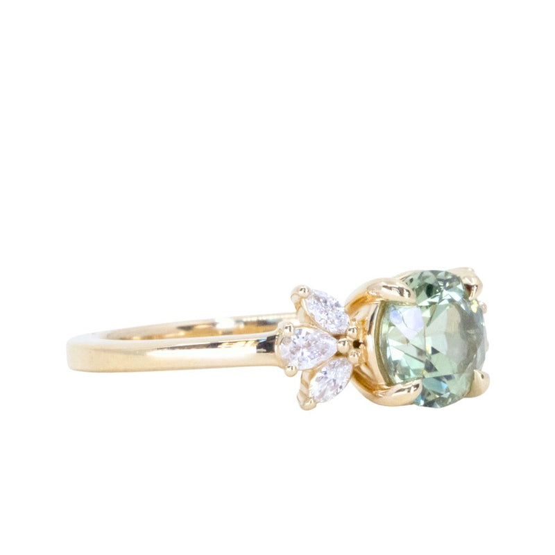 1.60ct Round Green Untreated Montana Sapphire and Lab Grown Marquise Diamond Cluster Ring in 14k Yellow Gold