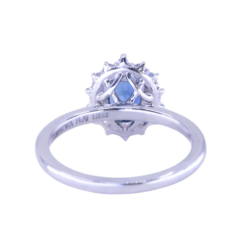 1.06ct Untreated Oval Nigerian Sapphire Antique-Style Diamond Halo Ring in Platinum