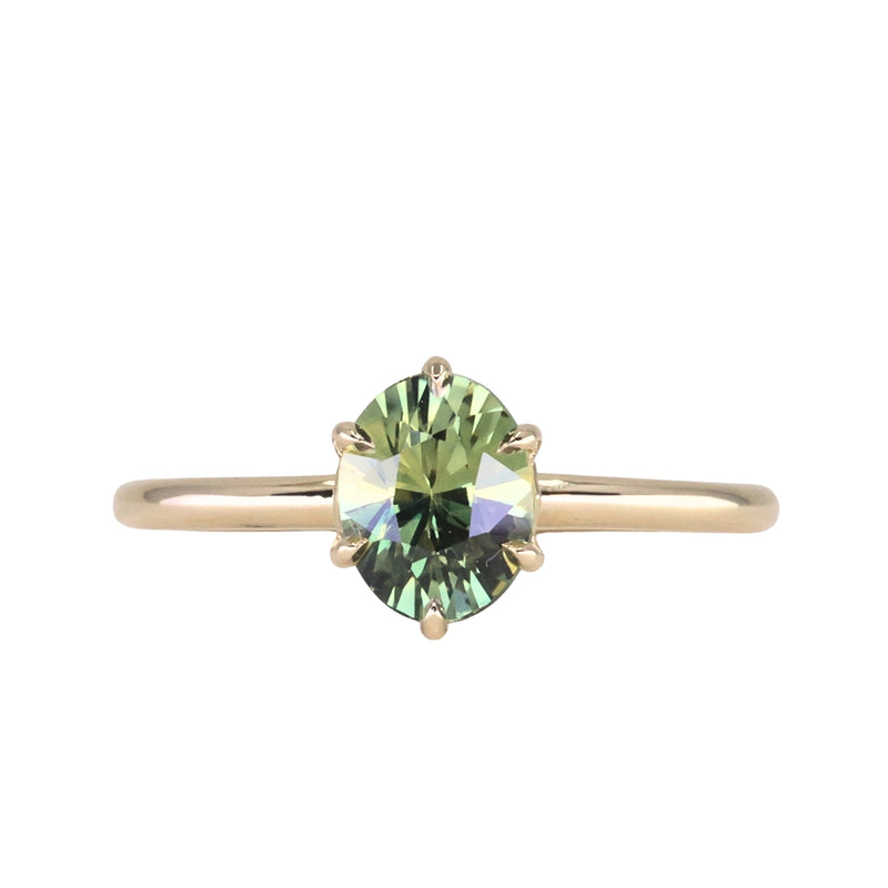 1.54ct Untreated Parti Green Madagascar Oval Sapphire Lotus Solitaire in 14k Yellow Gold