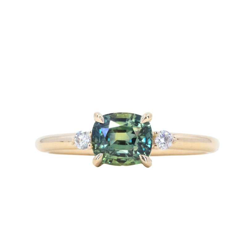 1.58ct Untreated Cushion Parti Sapphire and Diamond Low Profile Evergreen East-West Ring in 14k Yellow Gold