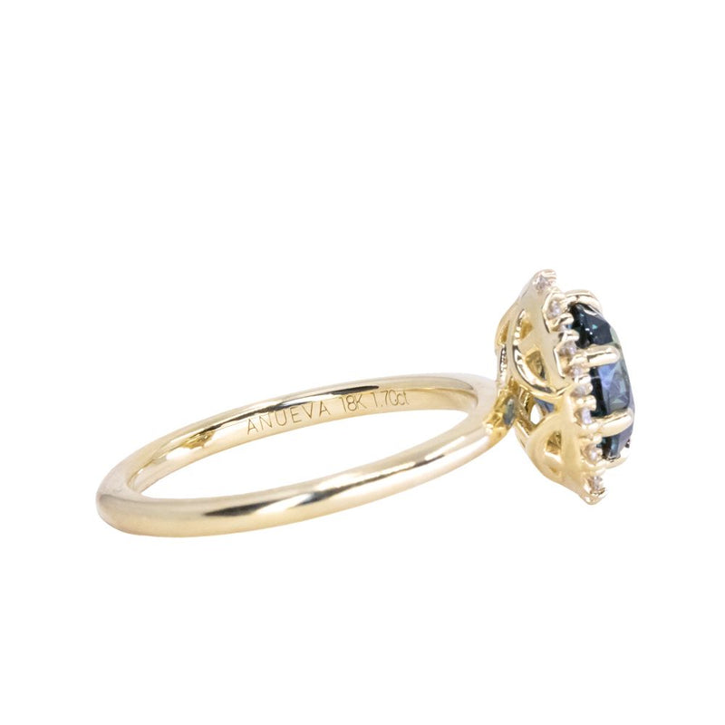 1.70ct Oval Parti Untreated Nigerian Sapphire Antique-Style Diamond Halo Ring in 18k Yellow Gold