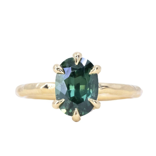 2.55ct Silky Teal Australian Oval Sapphire Six Prong Evergreen Hidden Halo Solitaire in 18k Yellow Gold
