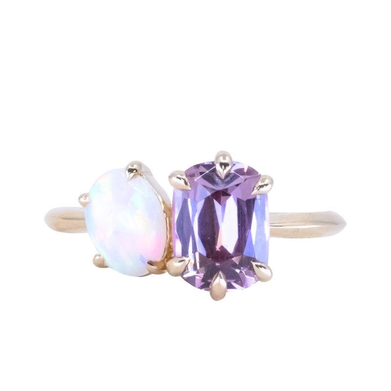 Toi Et Moi 1.84ct Cushion Rose Garnet and Opal Ring in 14k Yellow gold