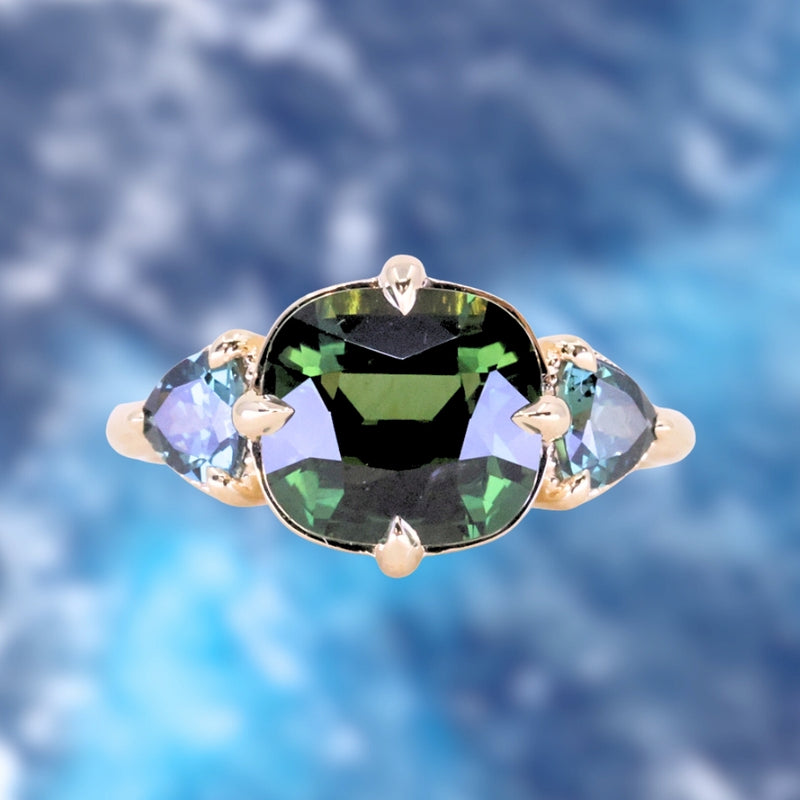 4.08ct Cushion Cut Green Madagascar Sapphire and Trillion Australian Sapphire Antique Compass Set Low Profile Ring in 14k Yellow Gold