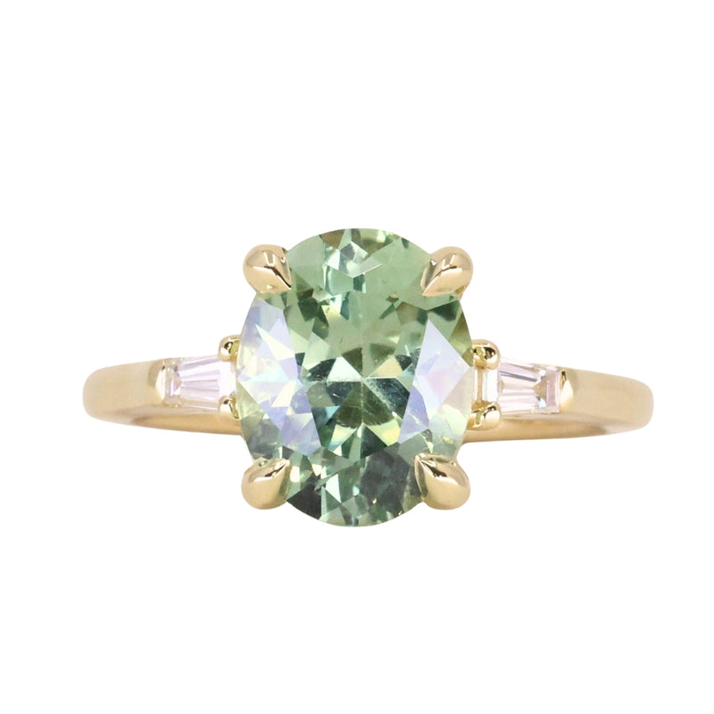 3.50ct Oval Untreated Montana Sapphire and Tapered Baguette Diamond Stackable 4 Prong Ring With Euro Shank in 18k Yellow Gold