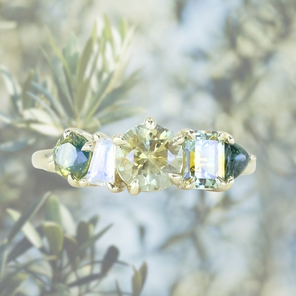 Sapphire and Moonstone Mosaic Ring in 14k Green Gold