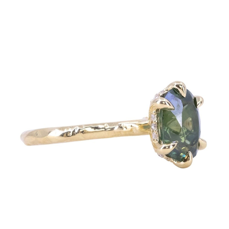 2.55ct Silky Teal Australian Oval Sapphire Six Prong Evergreen Hidden Halo Solitaire in 18k Yellow Gold