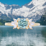 1.11ct Light Teal Blue Cushion Cut Untreated Montana Sapphire and Lab Grown Marquise Diamond Cluster Ring in 14k Yellow Gold