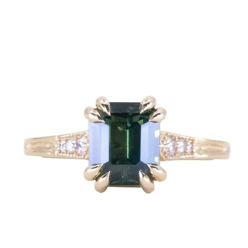 2.96ct Emerald Cut Deep Teal Green Sapphire and Diamond Vintage Cathedral Double Prong Ring in 14k Yellow Gold