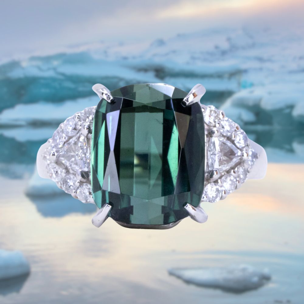6.16ct Scissor Cushion Tourmaline and Diamond Cluster Side Stones