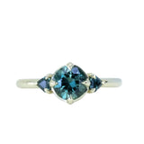 1.10ct Round Deep Teal Green Sapphire and Trillion Parti Sapphire Low Profile Ring in 14k Green Gold