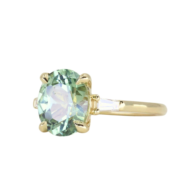 3.50ct Oval Untreated Montana Sapphire and Tapered Baguette Diamond Stackable 4 Prong Ring With Euro Shank in 18k Yellow Gold