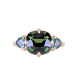 4.08ct Cushion Cut Green Madagascar Sapphire and Trillion Australian Sapphire Antique Compass Set Low Profile Ring in 14k Yellow Gold