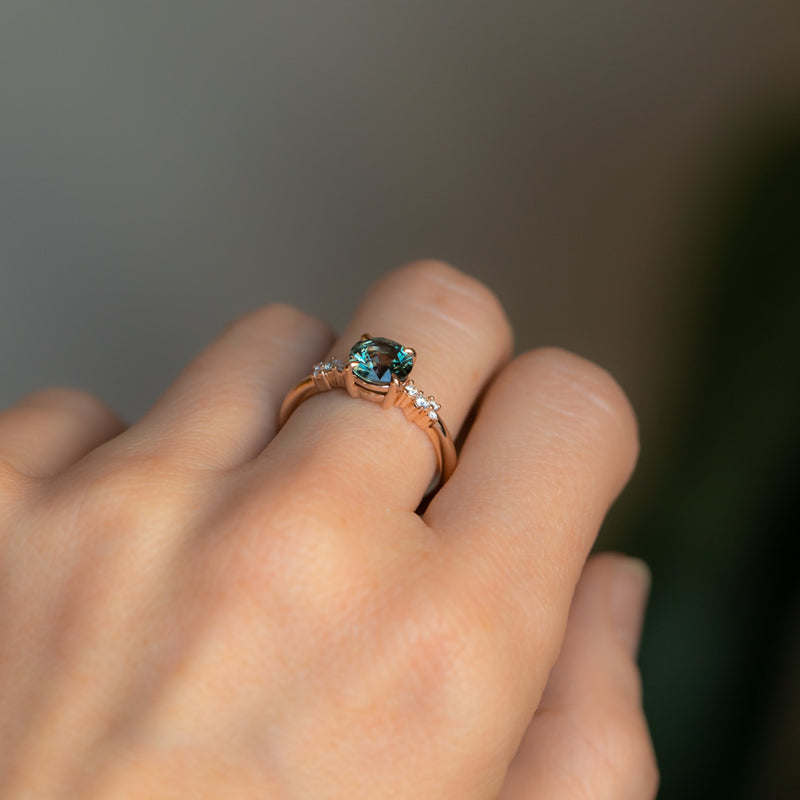 1.52ct Midnight-Teal Color Shifting Songean Sapphire and Diamond Starry Night Low Profile Solitaire in 14k Rose Gold