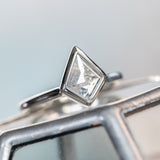 0.73ct Kite Shaped Light Grey Salt + Pepper Rosecut Diamond Contemporary Bezel Solitaire in 14k White Gold
