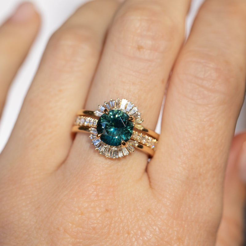 2.54ct Round Teal Sapphire Hidden Halo Solitaire with French Set Diamonds in 18k Yellow Gold