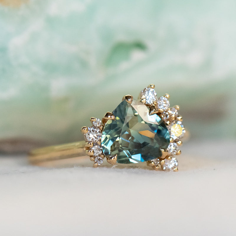 1.75ct Pear Parti Sapphire and Diamond Asymmetrical Cluster Ring in 18k Yellow Gold