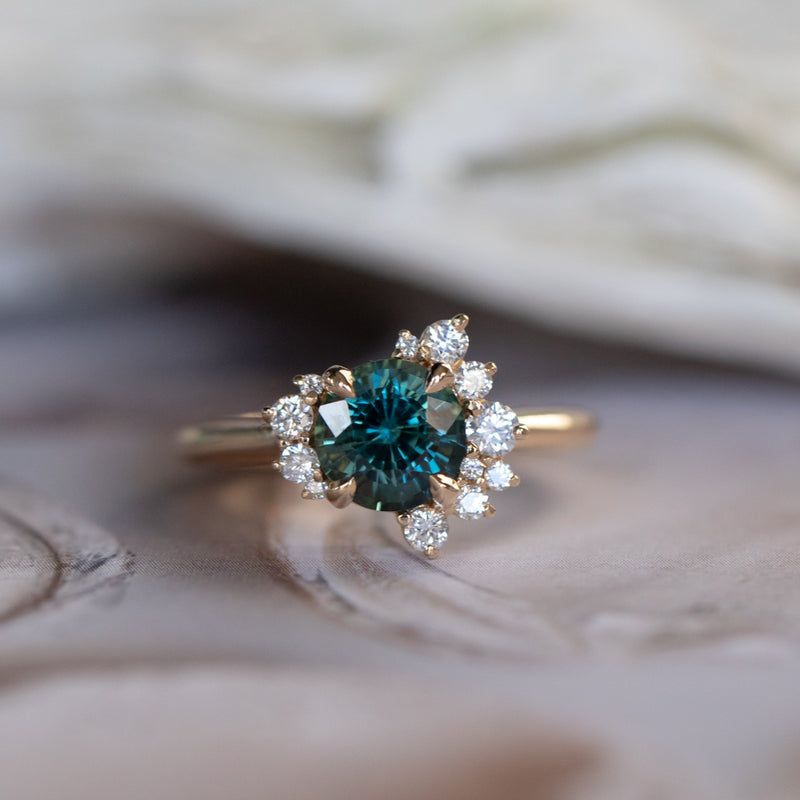 1.78ct Round Teal Madagascar Sapphire and Diamond Asymmetrical Cluster Ring in 14k Yellow Gold