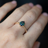 1.71ct Teal Modern Pear Sapphire Low Profile 6 Prong Evergreen Solitaire in 14k Yellow Gold