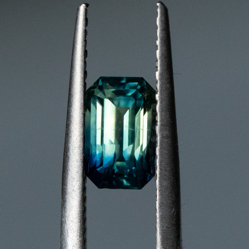 1.63CT EMERALD CUT MADAGASCAR SAPPHIRE, UNTREATED, PARTI GREEN BLUE YELLOW, 7.48X4.80X4.25MM