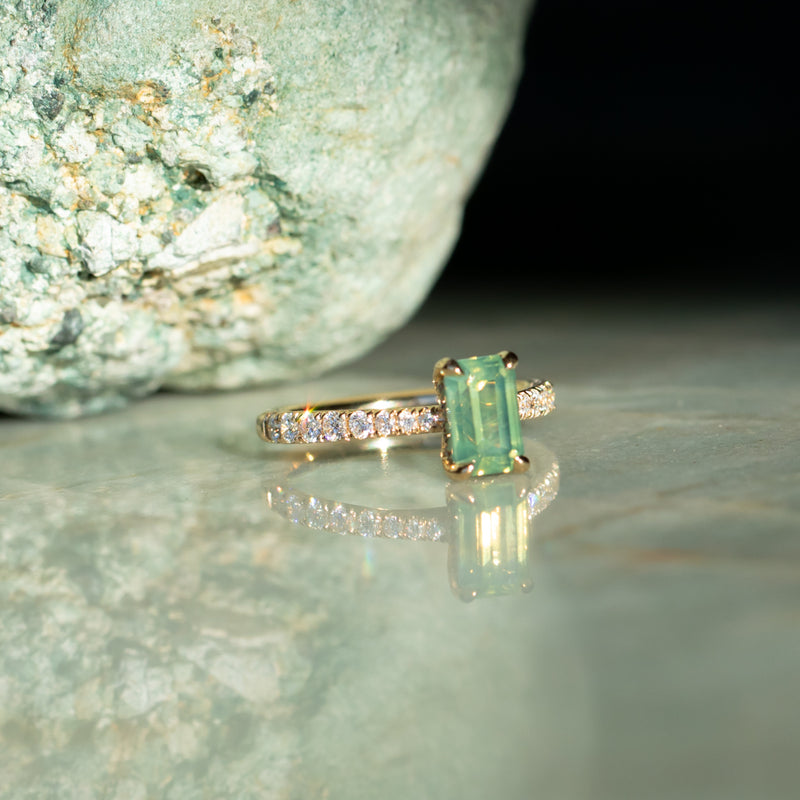 1.67ct Emerald Cut Green Opalescent Sapphire Hidden Halo Solitaire with French Set Diamonds in 18k Yellow Gold