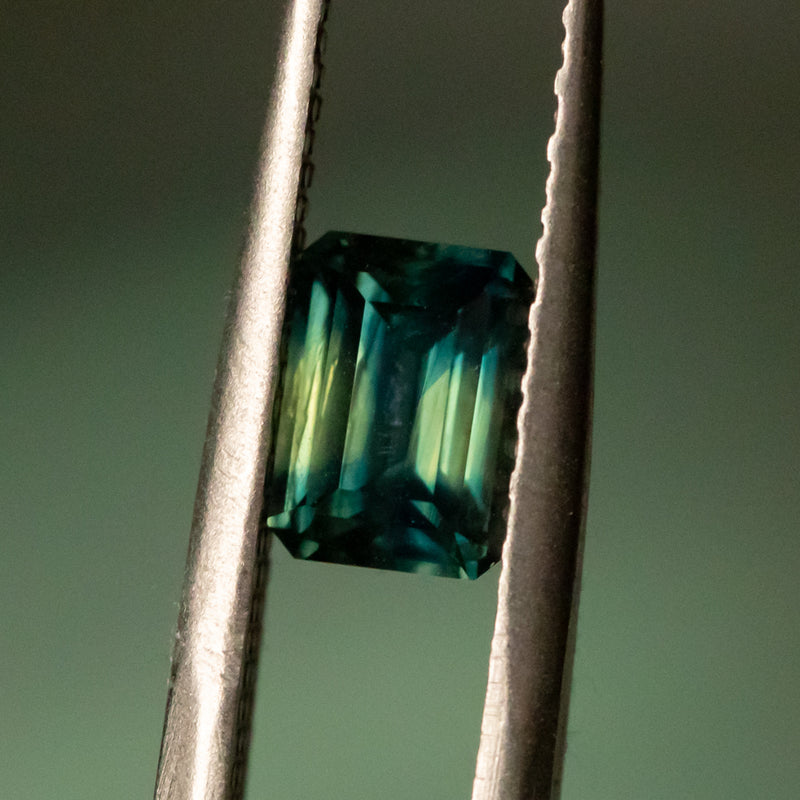 1.45CT EMERALD CUT AUSTRALIAN PARTI SAPPHIRE, UNTREATED, GREEN, TEAL, YELLOW, 7.14X5.21X3.69MM