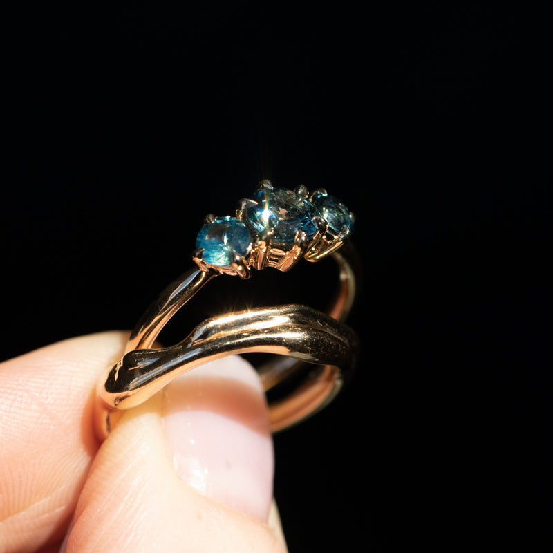 0.82ct Songea and Nigerian Teal Sapphire Three Stone Ring in 14K Yellow Gold