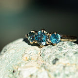 0.82ct Songea and Nigerian Teal Sapphire Three Stone Ring in 14K Yellow Gold