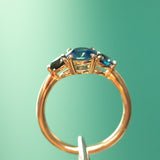 1.03ct Untreated Teal Nigerian Sapphire Three Stone Ring in 18K Yellow Gold