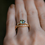 1.50ct Precision Cut Minty Teal Montana Sapphire and Diamond ring in 14k Yellow Gold