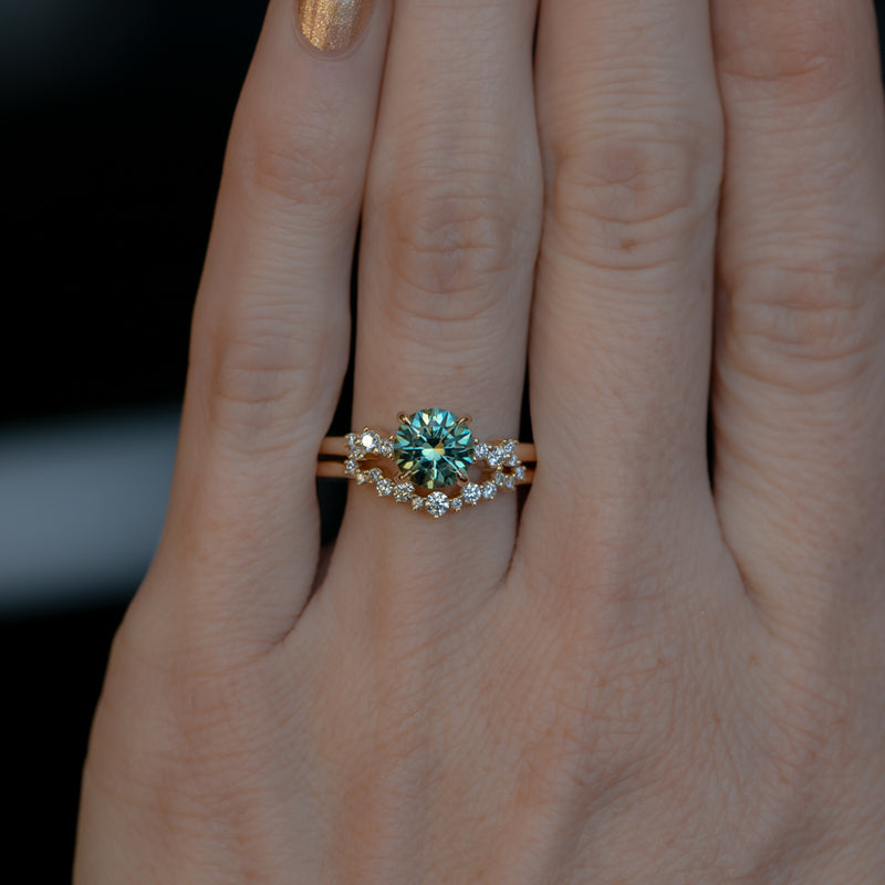 1.50ct Precision Cut Minty Teal Montana Sapphire and Diamond ring in 14k Yellow Gold