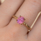 1.35ct Oval Hot Pink Montana Sapphire Evergreen Carved 4 Prong Solitaire in 14k Yellow Gold
