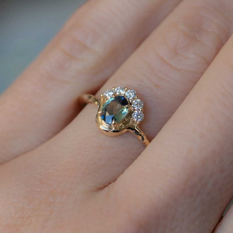 0.44ct African Parti Sapphire Low Profile Diamond fan ring in 14k Yellow Gold