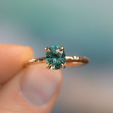 1.51ct Precision Cut Oval Teal Montana Sapphire Evergreen Carved Solitaire in 14k Yellow Gold