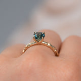 1.10ct Blue Round Madagascar Sapphire Evergreen Carved Solitaire in 14k Yellow Gold