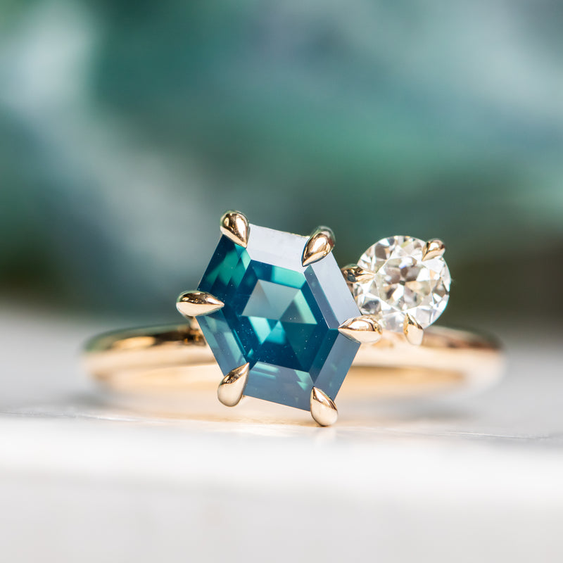 Teal Geometric Sapphire and Vintage Diamond Toi Et Moi Ring – Anueva Jewelry