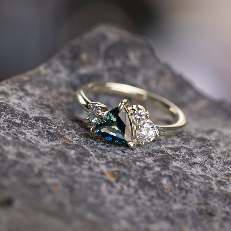 1.16ct Trillion Ocean Blue Sapphire and Natural Diamond Mountainscape Ring in 14k Green Gold